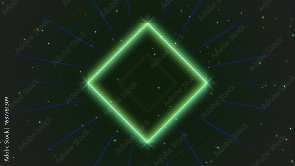 A green diamond and square glow against a dark backdrop, creating stark contrast. A vivid green triangle with stars adds cosmic allure. In the upper left, a green laser and star add celestial charm