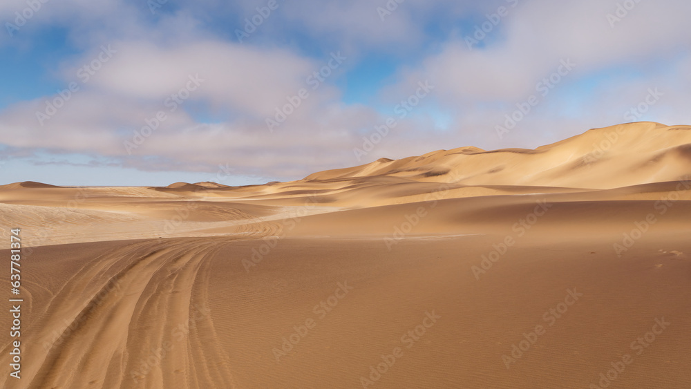 Scenic view of sand dunes and vehicle tracks in the sand, Namib desert, Namibia