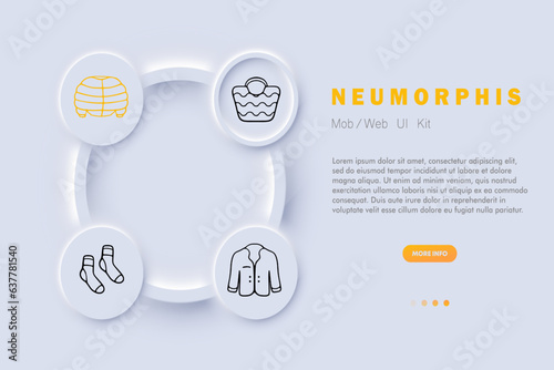 Clothing line icon. Down jacket, handbag, jacket, accessories, jacket, outerwear, socks. Neomorphism style. Vector line icon for Business