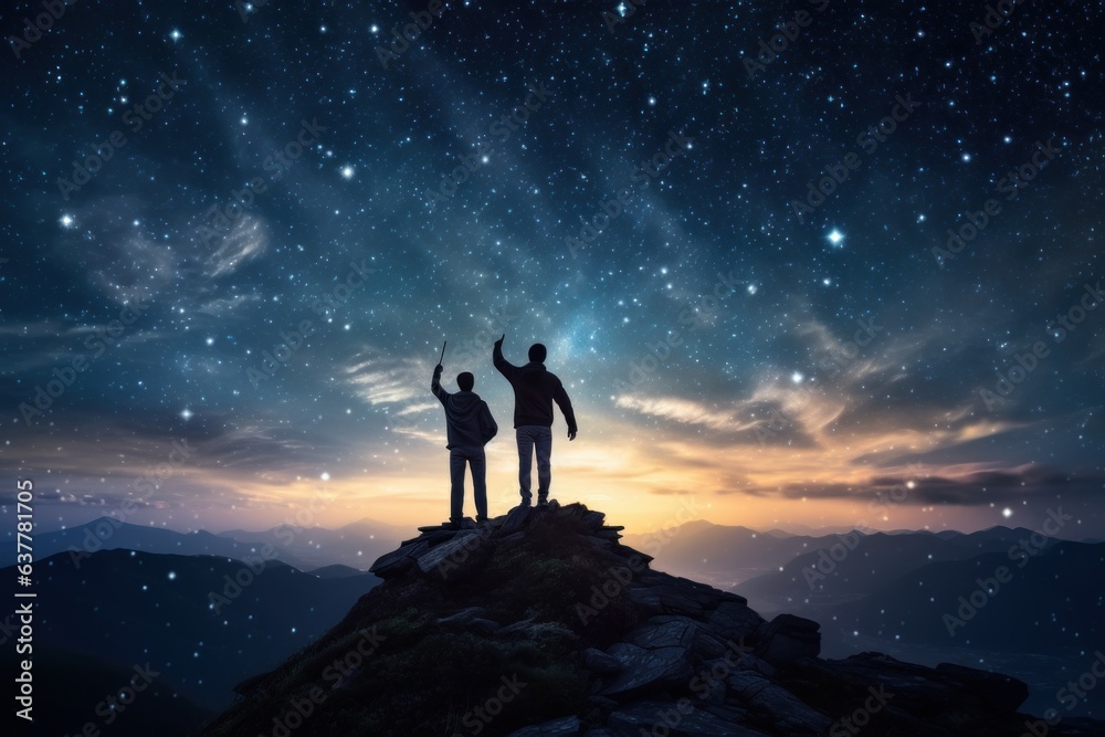 Silhouette of Travelers Standing on Top of the Mountain, Couple Observing the Stars in Night Sky, Young People Hiking Adventure. Generative Ai