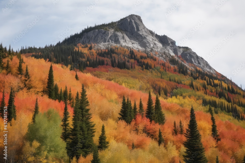 A vibrant autumn landscape with a majestic mountain in the background