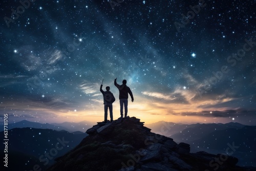 Silhouette of Travelers Standing on Top of the Mountain, Couple Observing the Stars in Night Sky, Young People Hiking Adventure. Generative Ai