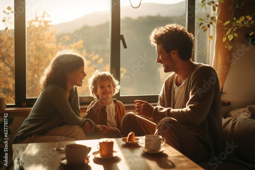 family having tea at home on a sunny autumn day, generative ai