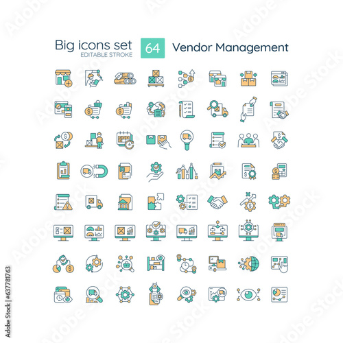 2D editable multicolor big line icons set representing vendor management, isolated vector, linear illustration.