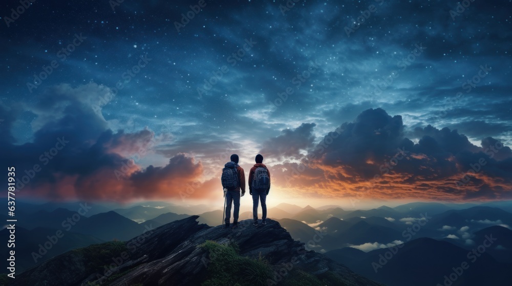 Silhouette of Travelers Standing on Top of the Mountain, Couple Observing the Stars in Night Sky, Young People Hiking Adventure. Generative Ai