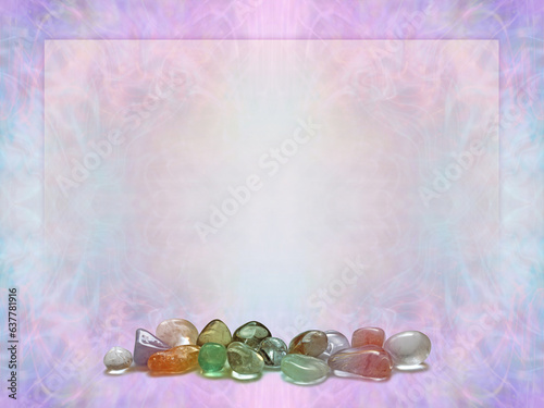 Crystal healing therapy diploma course certificate award template -  lilac and pink ethereal symmetrical framed pattern background with a double row of tumbled stones along the bottom ideal for a pric photo