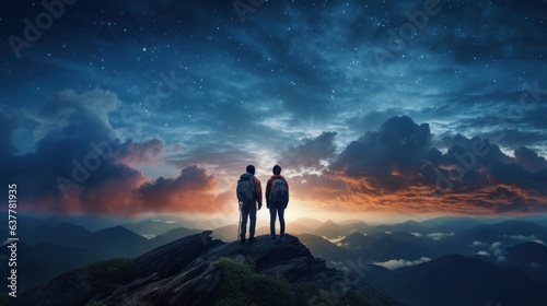 Silhouette of Travelers Standing on Top of the Mountain, Couple Observing the Stars in Night Sky, Young People Hiking Adventure. Generative Ai