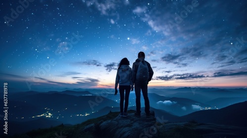 Silhouette of Travelers Standing on Top of the Mountain  Couple Observing the Stars in Night Sky  Young People Hiking Adventure. Generative Ai