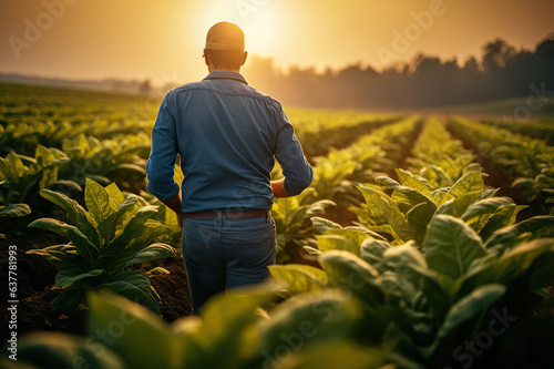 Sunset Amidst Tobacco Fields A Young Agronomist Farmer Tending to Crops with Dedication. created with Generative AI