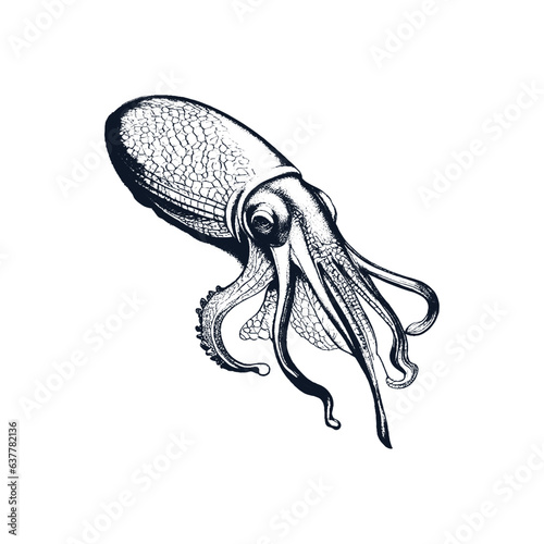Wallpaper Mural Squid Marine Animal with Tentacles Engraved Vector Illustration Torontodigital.ca
