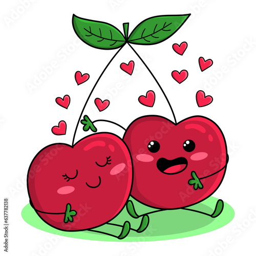 Illustration of two cherries in love, print design