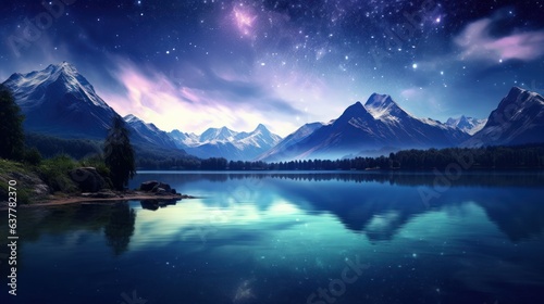 Beautiful Landscape Nature View Milky Way on the Sky, Mountain Lake Twilight Sky with Reflection Light on Water. Generative Ai © CYBERUSS