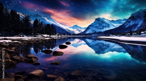 Beautiful Landscape Nature View Milky Way on the Sky, Mountain Lake Twilight Sky with Reflection Light on Water. Generative Ai