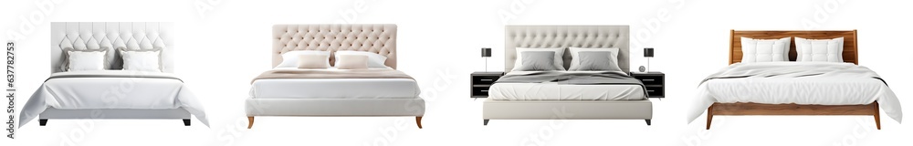 Contemporary style photorealistic illustration of 4 sets of beds for a furniture catalogue in white transparent background. Generative AI. Contemporary style photorealistic illustration of 4 sets of beds for a furniture catalogue in white transparent background. Generative AI.