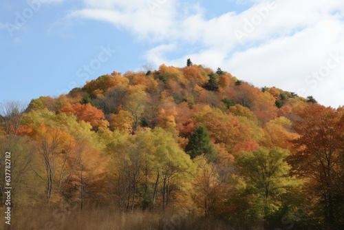 A vibrant autumn landscape with a majestic mountain peak