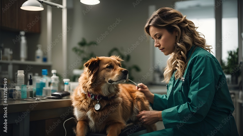 Foto de Veterinarian attending to her dog patient in her clinic, banner