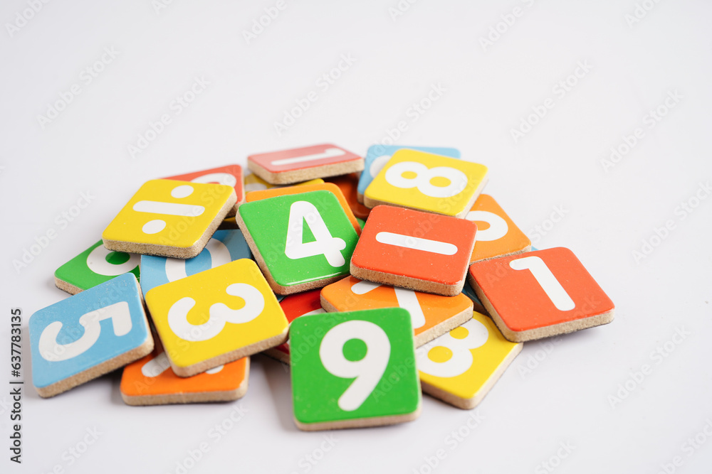 Obraz premium Number wood block cubes for learning Mathematic, education math concept.