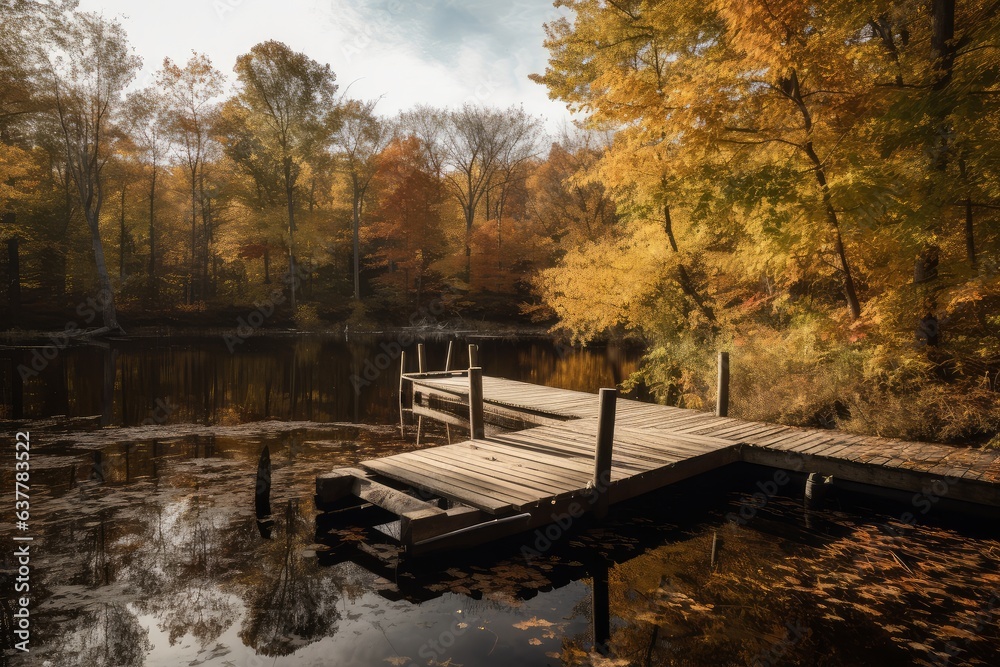A serene wooden dock on a peaceful lake embraced by a lush forest