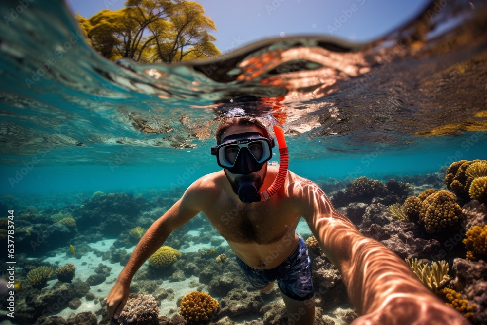Fotografie Snorkeler Exploring A Vibrant Coral Reef, Generative A