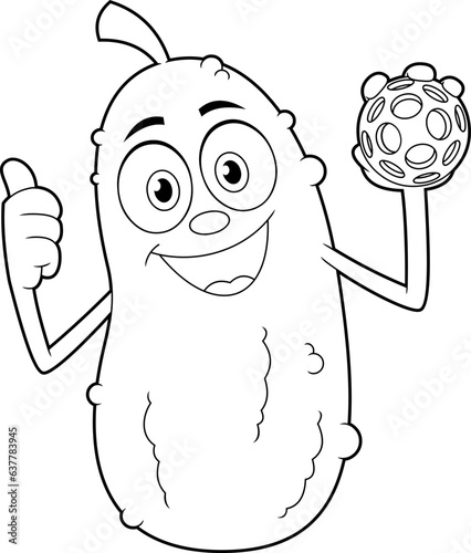 Outlined Cute Pickle Cartoon Character Giving A Thumb Up And Holding A Pickleball Ball. Vector Hand Drawn Illustration Isolated On Transparent Background