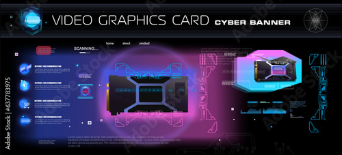 Video card for computer. Technology cyber banner. Powerful digital system with development of computer chips and electronic boards. Realistic video card with neon illumination