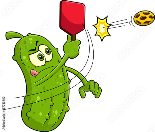 Funny Pickle Cartoon Character Hits A Pickleball Shot. Vector Hand Drawn Illustration Isolated On Transparent Background