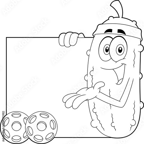 Outlined Happy Pickle Cartoon Character Showing A Banner With Pickleball Ball. Vector Hand Drawn Illustration Isolated On Transparent Background