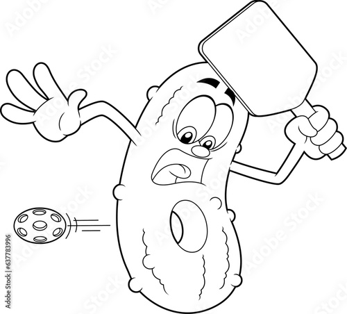Outlined Pickle Cartoon Character With A Hole In His Body From A Pickleball Ball Going Through Him. Vector Hand Drawn Illustration Isolated On Transparent Background
