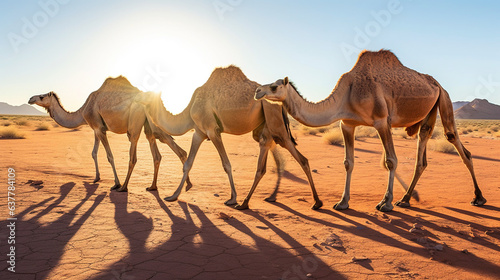 Magnificent Camels Gracefully Striding Through The Arid Desert Landscape AI Generative