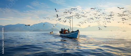 Fishing boat sail in Aegean wavy sea photo