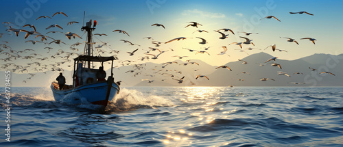 Fishing boat sail in Aegean wavy sea
