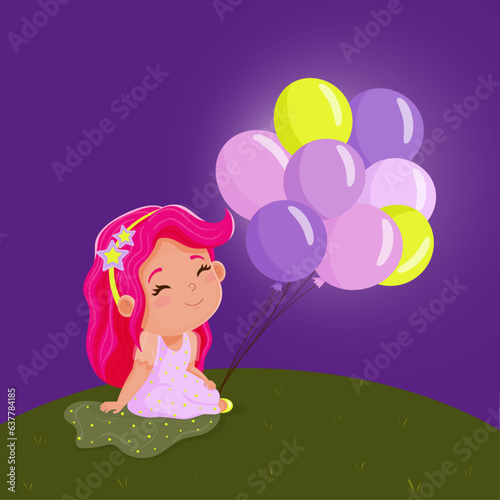 vector little girl with pink hair sits on a green lawn with colorful balloons