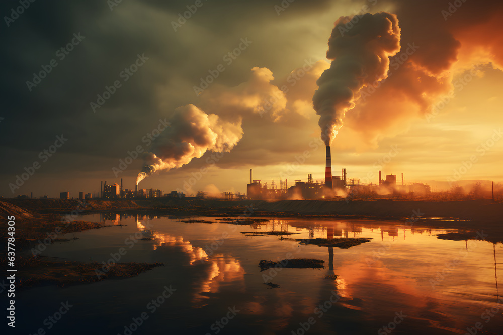 Pollution of the environment with waste from the factory, thick smoke from industrial pipes polluting nature, ecological problem