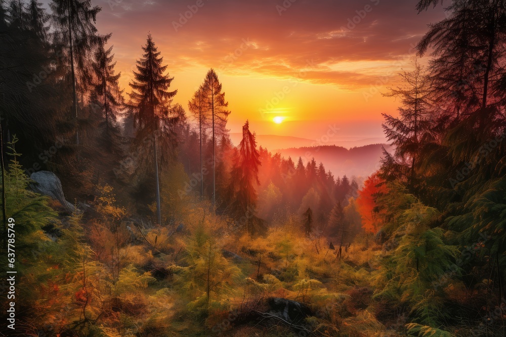 A stunning sunset over a serene forest landscape