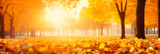 Herbstsonne taucht Bäume und Blätter in gelb und gold. Traumhafte Herbststimmung, generiert mit KI