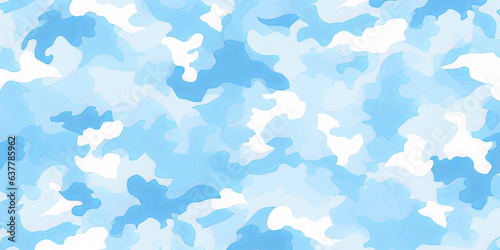 Seamless rough light pastel blue and white camouflage fabric pattern. Cute contemporary abstract playful paintball camo background texture. Boy's clothing, baby shower, nursery wallpaper,Generative AI © Hitesh