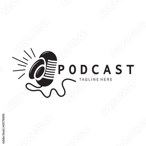 podcast logo with microphone and earphone audio, radio waves. for studio, talk show, chat, information sharing, interview, multimedia and web.