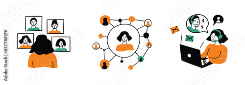 Cartoon Color Teamwork Concept Scene Set Flat Design Style Online Meeting or Conference. Vector illustration of Situation Team Work and Business Collaboration