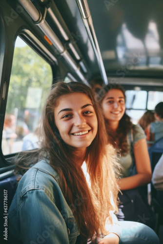 AI generated. Young Friends traveling by bus in the city © sanneberg