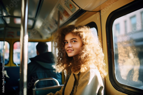 AI generated. Beautiful young woman riding the bus.