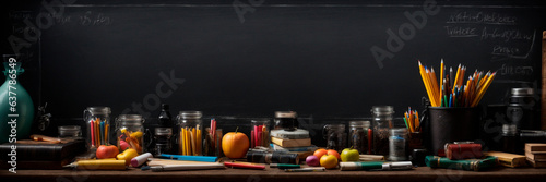 Educational background. Books, pencils, coffee cup against empty classroom blackboard for copy space. Back to school concept