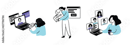 Cartoon Color Web Development Concept Scenes Set Flat Design Style. Vector illustration of Characters Men or Women Programming Apps