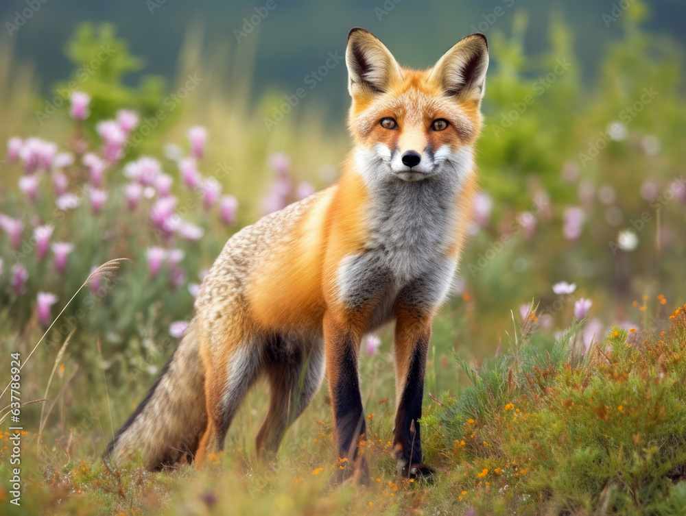 Curious red fox on a green meadow.