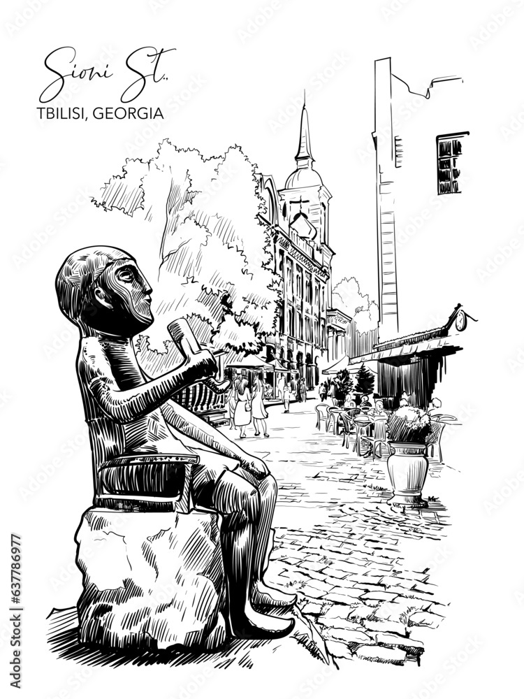 The Statue of Tamada is a replica of the figurine found in Colchic golden treasure. Tbilisi, Georgia. Black Line drawing isolated on white background. EPS10 vector illustration