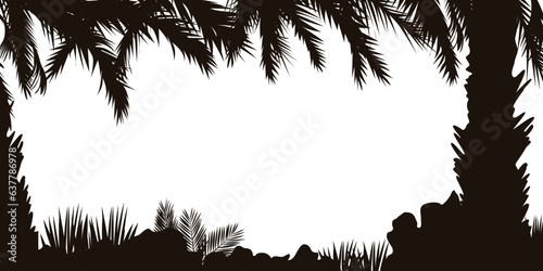 Tropical area silhouette frame / illustration horizontal frame with trees, palms, grass, branches, leaves