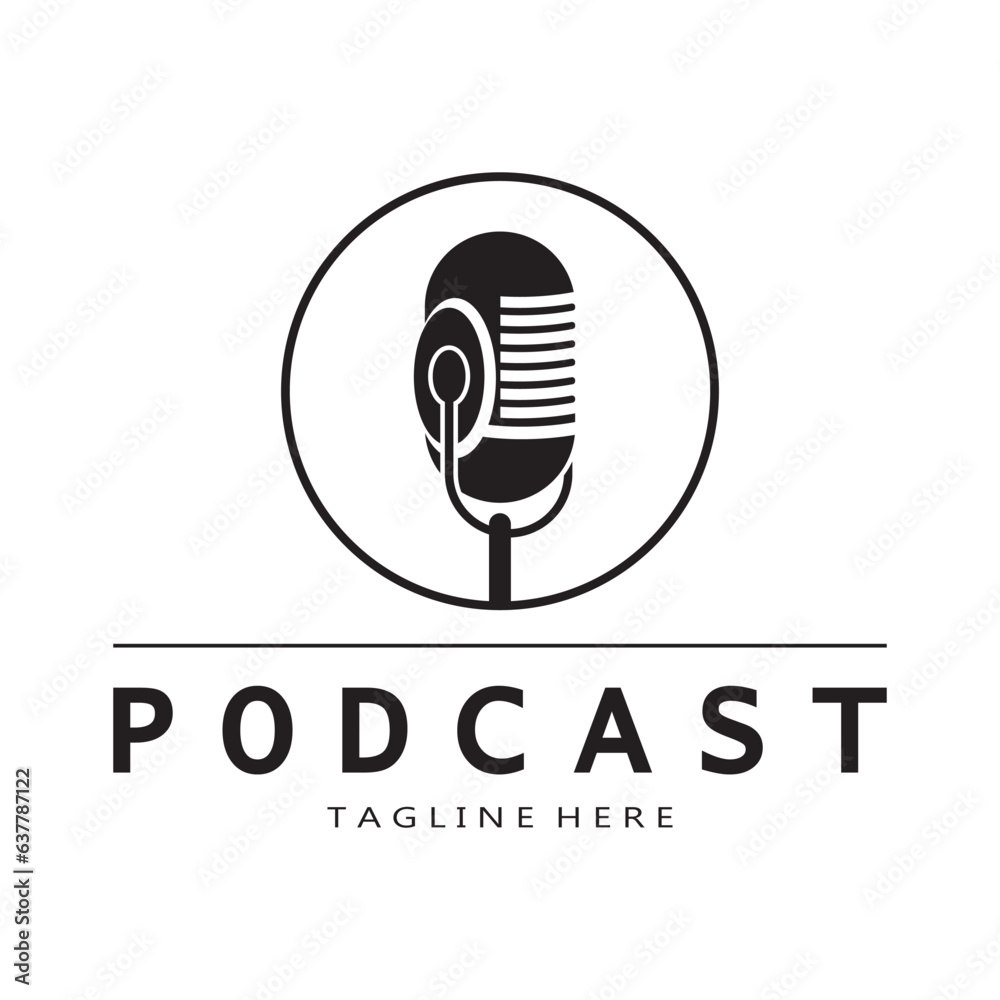 podcast logo with microphone and earphone audio, radio waves. for studio, talk show, chat, information sharing, interview, multimedia and web.