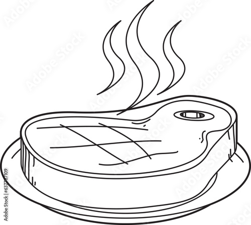 Line illustration of a fried steak on a plate. Outline vector graphic on white background.