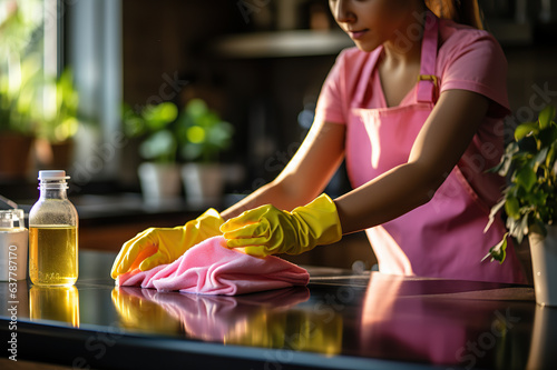 Efficient Home Cleaning Young Housekeeper Tidying Kitchen Table with Care. created with Generative AI