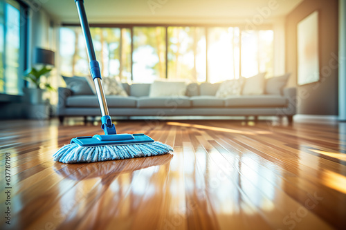 Wallpaper Mural Efficient Parquet Floor Cleaning Mopping with Cleanser Foam and Essential Cleaning Tools. created with Generative AI Torontodigital.ca