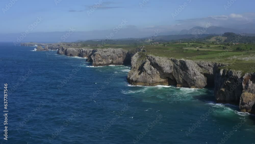 Incredible jagged sharp coastline of bufones de pria asturias spain aerial view Incredible jagged sharp coastline of bufones de pria asturias spain aerial view